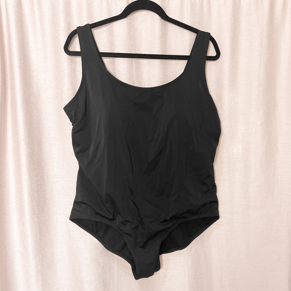 One Piece Black Ribbed Bathing Suit with Built in Bra Chest Support - 3X